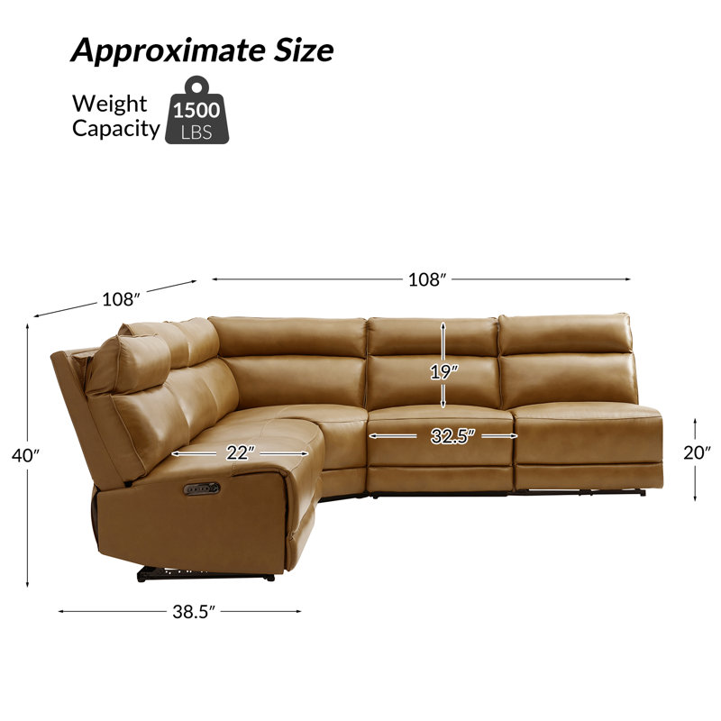 Myheir Modern Genuine Leather Power Reclining Sofa With Power Headrest, Camel Genuine Leather