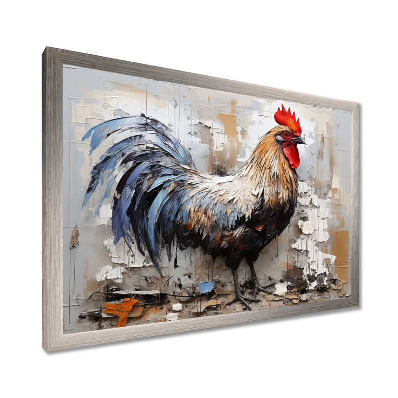 Loyal Rooster Portrait III - Art mural coq pour le salon, Cadre simple argenté, H 30 po x l 40 po x P 1,5 po