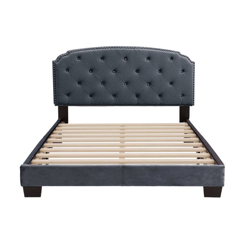 Lit plateforme tapissier en bois massif, Gris, Grand
