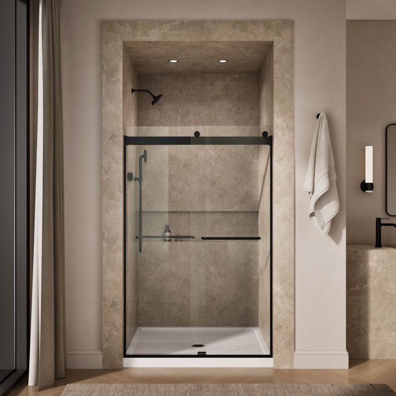 Levity 47.63" x 74" Bypass Shower Door with CleanCoat Technology, Matte Black, Crystal Clear
