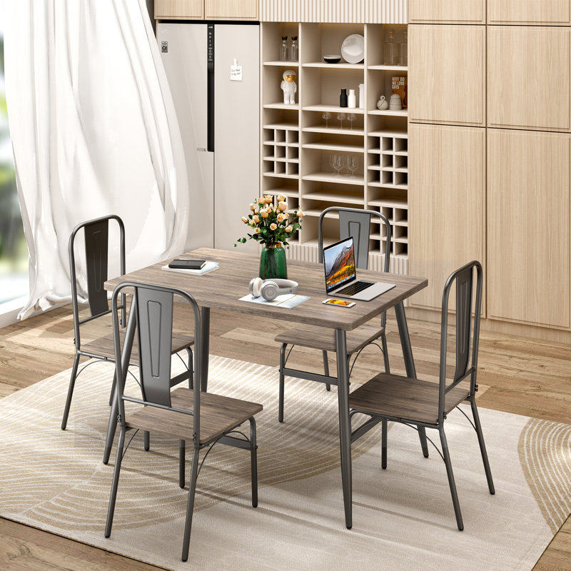 5-Piece 4-Person Rectangular Dining Table Set with Metal Frame and Armless Chairs, Gray, Gray