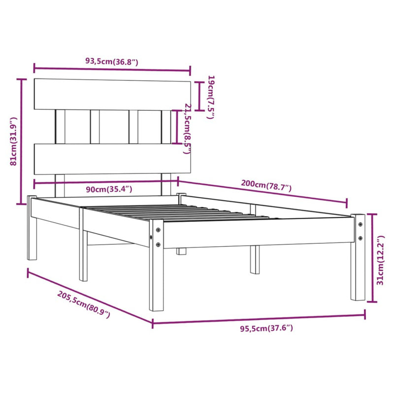 Bed Frame Solid Wood, Black, 140 x 190cm