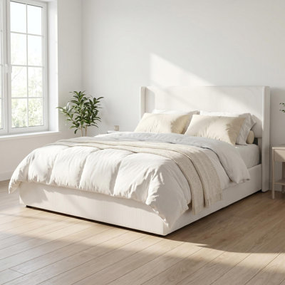King Size Upholstered Hydraulic Storage Bed, Soft Corduroy Wingback Headboard with Vertical Tufting, No Box Spring Required, White