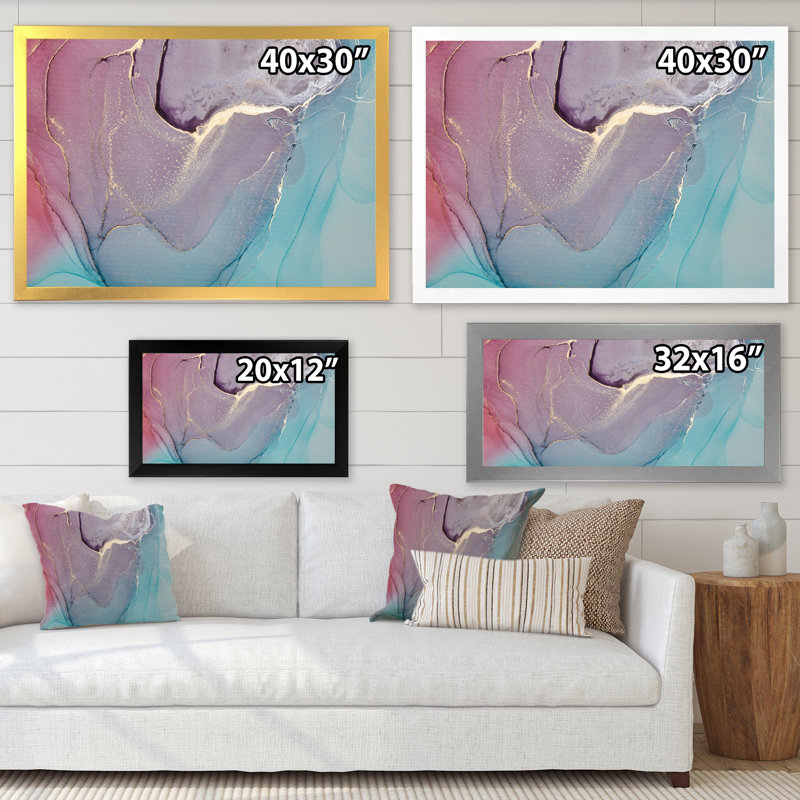 Turquoise et rouge, art liquide I - peinture sur toile, H 34 po x l 44 po, Toile à cadre d'angle fermé doré