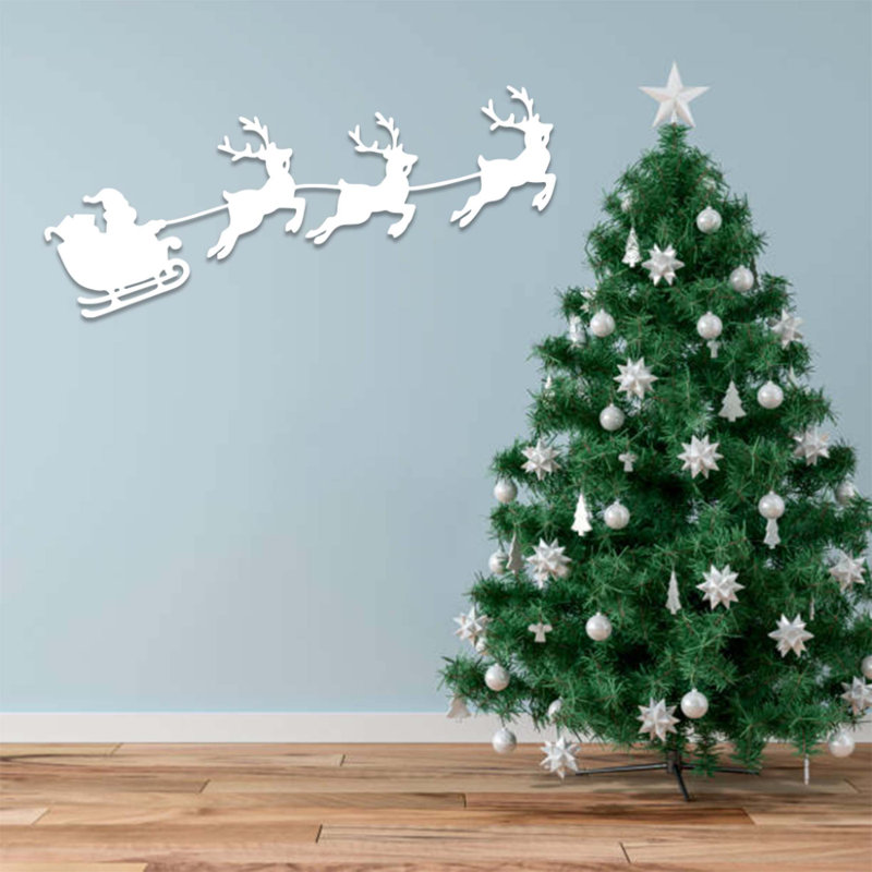 Art mural en métal Père Noël en forme de traîneau, H 16 po x l 36 po x P 0,12 po, Blanc