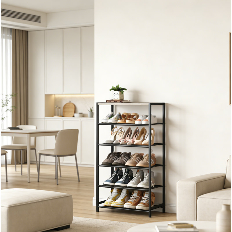 Industrial Narrow Shoe Storage Rack Tower – Freestanding Entryway Organizer With Durable Metal Shelves & Small Table Top