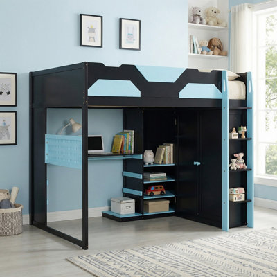 Full Size Wood Loft Bed with Desk, Multi-storage Shelves,USB and RGB Light for Bedroom
