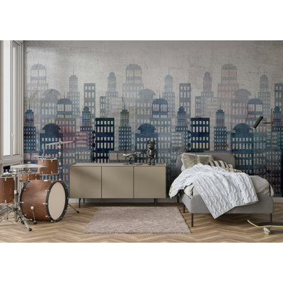 Papier peint bleu gris Misty City Skyline
