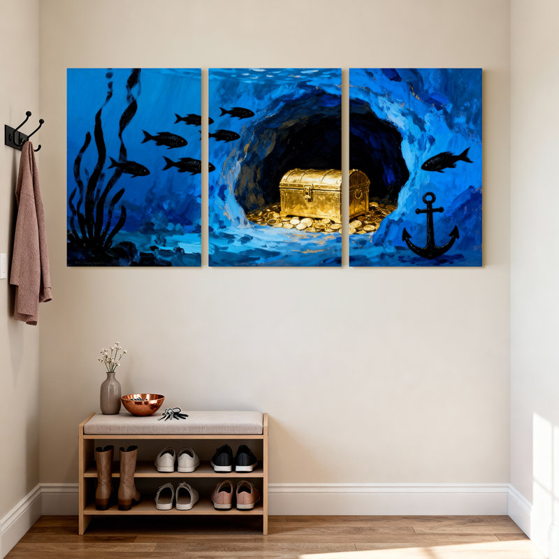 Coffre à trésor sous-marin avec poisson et ancre, ensemble de 3 impressions sur toile, H 30 po x l 60 po