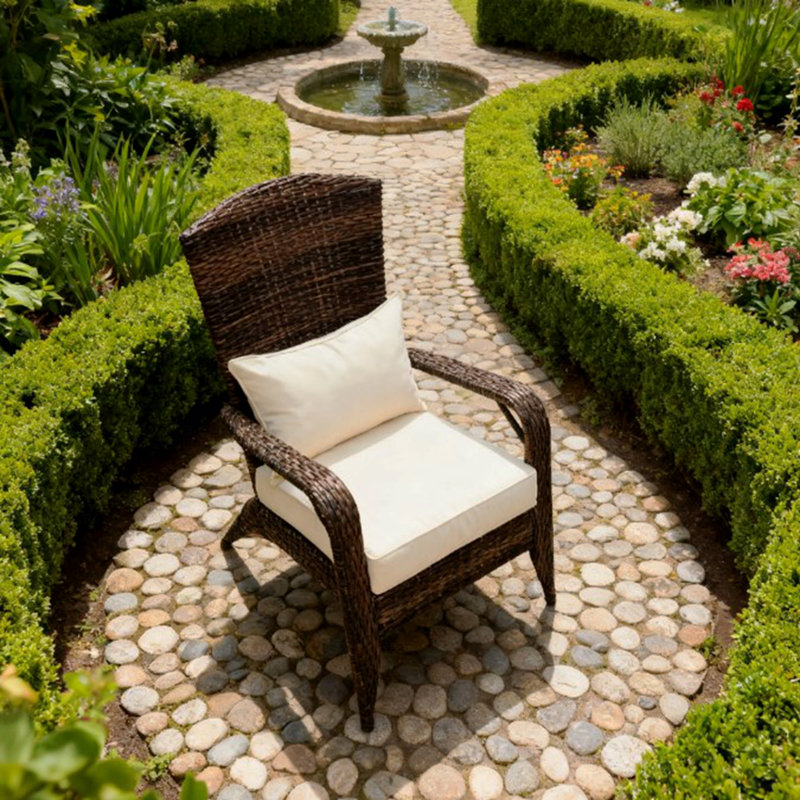 Outdoor Patio Chair, PE Rattan Wicker With Soft Cushions And Tall Curved Backrest, Beige