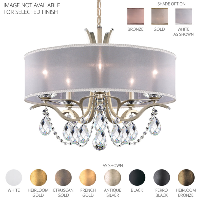 Vesca 5 Light 24in x 20in Chandelier with Gold Drum Shade in White with Clear Radiance Crystal, Chinese (K9), White, Black
