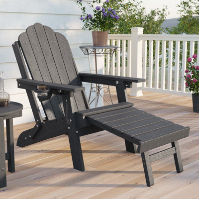 Folding Adirondack Chair with Retractable Ottoman and Cup Holder, Outdoor HDPE Lounge Chair