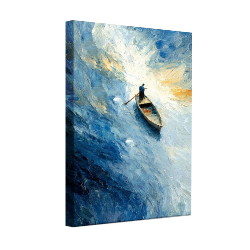 Abstrait homme ramant un bateau sur la mer orageuse, H 36 po x l 24 po