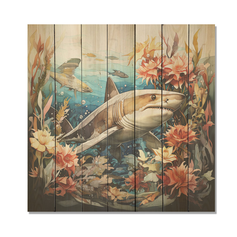 Curious Shark Ocean Blooms II - Shark On Wood Print, 36" H x 36" W