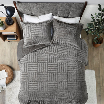 Édredon en fausse fourrure à carreaux pour lit, couleur grise avec rembourrage confortable