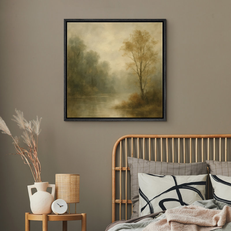 «Misty Forest River Landscape with Soft Neutral Tones», reproduction d'art sur toile encadrée, H 16 po x l 16 po x P 1,5 po