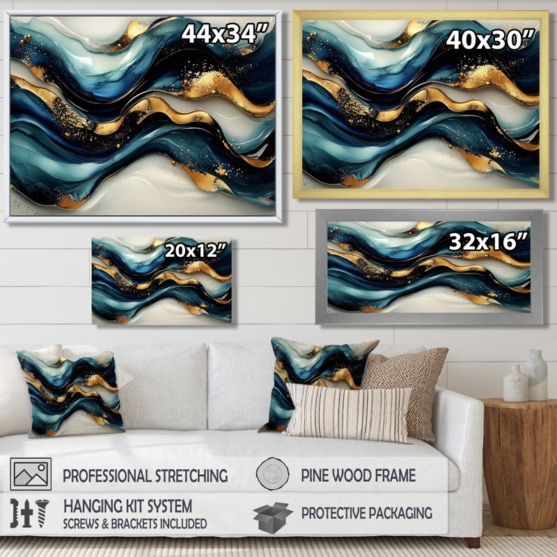 Décoration murale Odessia émeraude pierre fusion sur rivière bleue III - vagues modernes abstraites, H 30 po x l 40 po, Noir