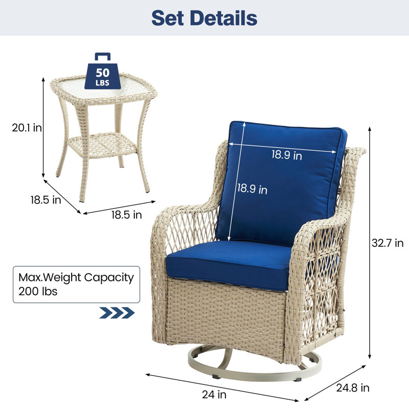 3 Pieces Outdoor Swivel Rocker Chair Set Of 2 With Small Side Table, 360-Degree Swivel Rocking Chair, Blue