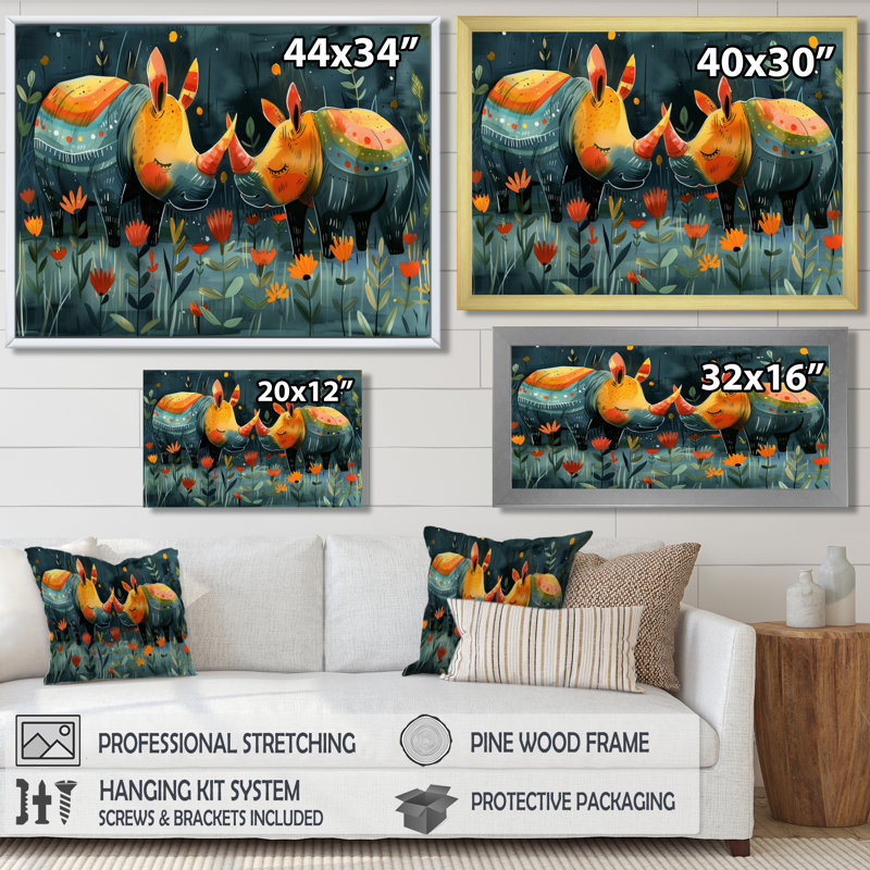 Terrina - Rhinocéros, art mural animal, Cadre flottant noir, H 12 po x l 20 po