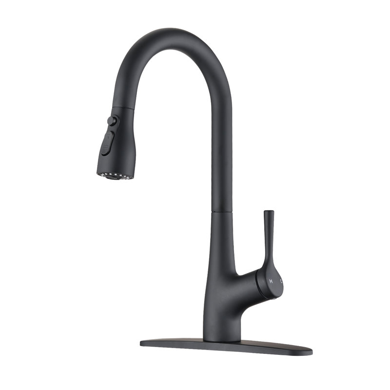 Single Handle High Arc Matte Black Pull Out Kitchen Faucet , Without Soap Dispenser