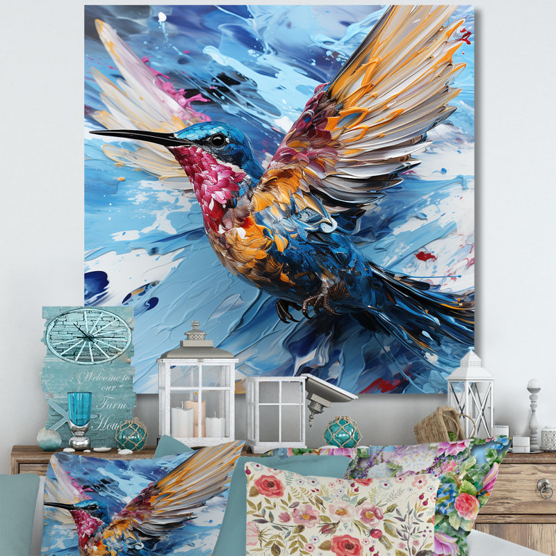 «Blue Fluttering Hummingbird Skies I», art mural colibri, H 16 po x l 16 po x P 1 po, Toile tendue