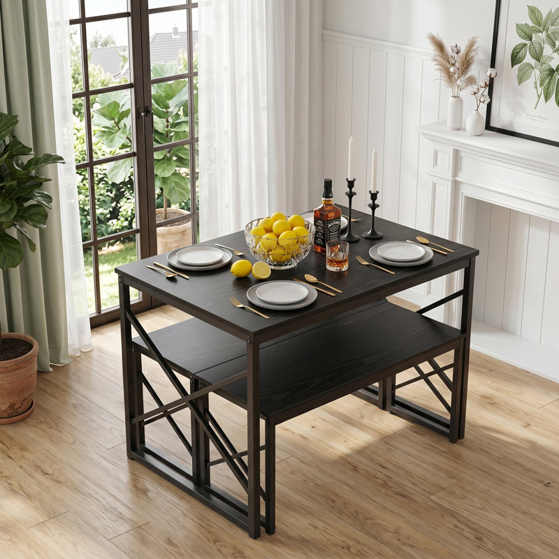3-Pieces Dining Table Set, Rectangle Dinette With 2 Benches, Metal Frame For Dining Room, Living Room, Black