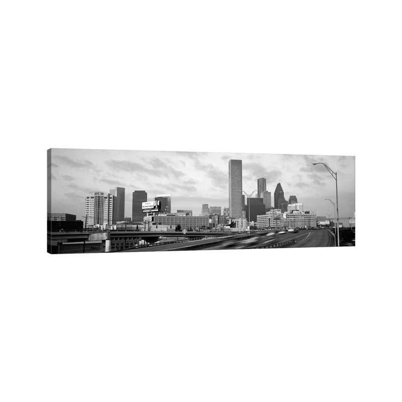 Houston Panoramic Skyline Cityscape (Black & White - Sunset) by Unknown Artist - Wrapped Canvas Panoramic Print