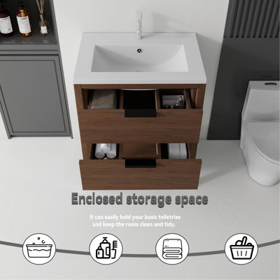 Meuble-lavabo autoportant de 24 po avec lavabo, tiroir à fermeture en douceur, évier en céramique et contreplaqué