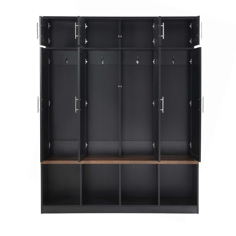 Versatile Hall Tree With 4 Hanging Hooks,Brown Wood Grain Bench With Multiple Storage Space,Entryway Cabinet With Open Compartments For Living Room,Hallway