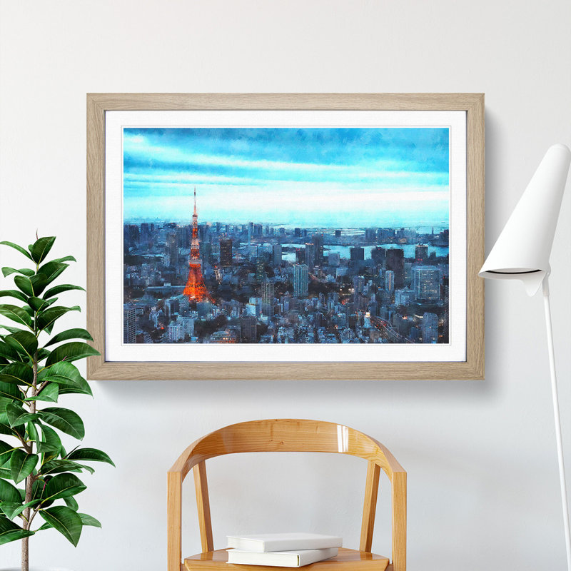 Tokyo Tower & Japan Skyline - Picture Frame Painting Print, 45cm H x 63cm W x 2cm D, Oak Framed