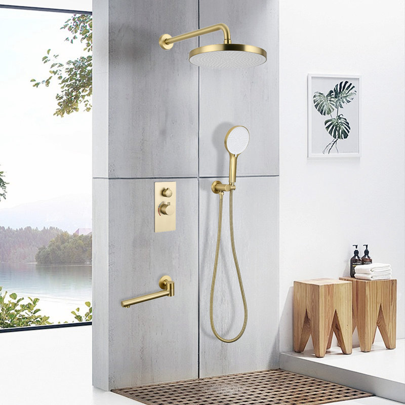 10 Inch Multifunctional High Pressure Shower Head System with Handheld Shower Head Fixtures and Waterfall Faucet - Brushed Golden