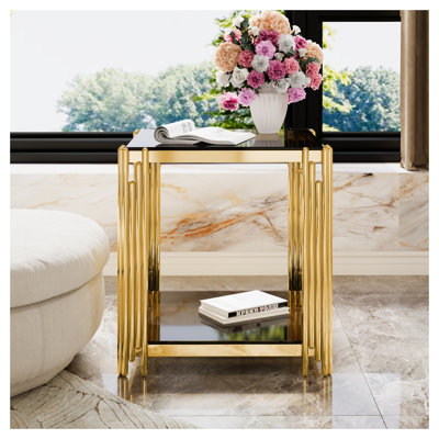 Modern Black Mirrored End Table with Gold Finish - Asymmetrical Metal Frame Side Table with Lower Shelf for Living Room, Square Compact Design