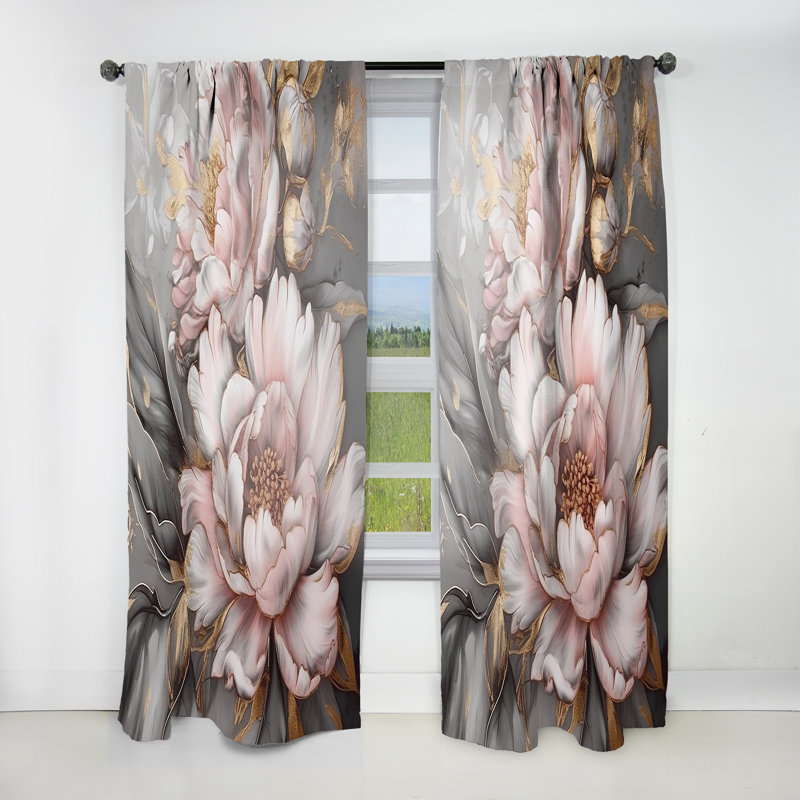 Rideau en velours floral rose avec pivoines élégantes I - 1 panneau, L 52 po x L 108 po