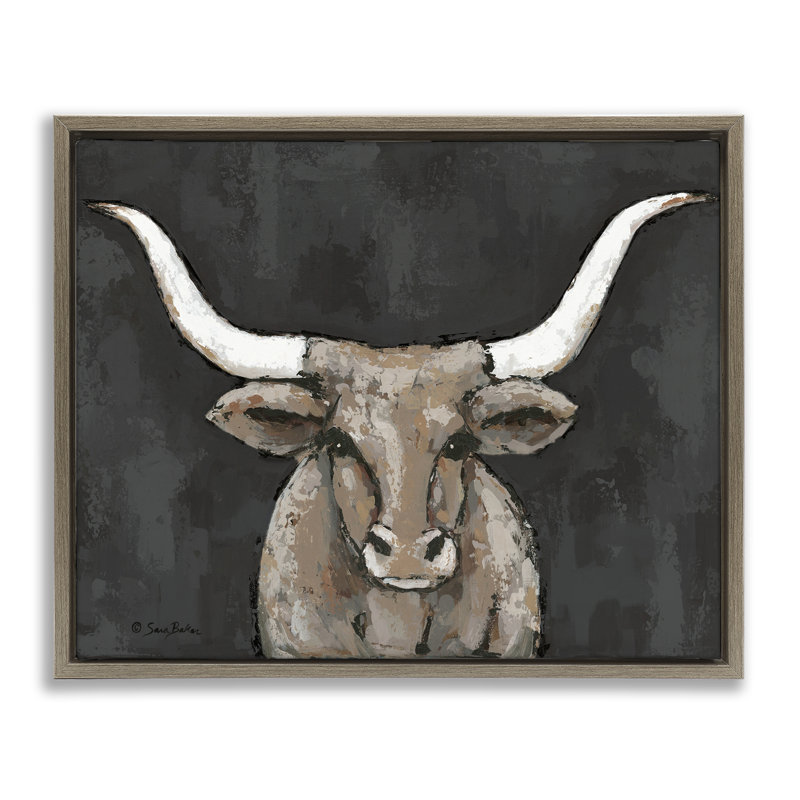 Longhorn sur cadre flottant gris sombre, design par Sara Baker, H 17 po x l 21 po, Cadre flottant orme Montalcino