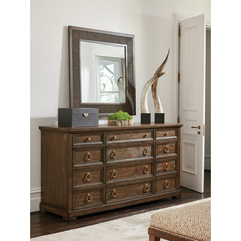 Transitional Mitered Tambour Wood Square Mirror in Brown