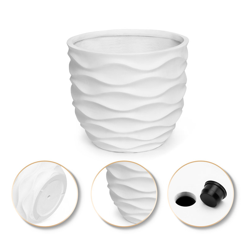 Handmade Horizontal Waves MgO Round Pot Planters, White, 11.6" H x 13.4" W x 13.4" D