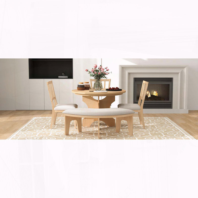 Ensemble de salle à manger rustique 5 pièces avec banc courbé (naturel), Brun / beige / naturel, Brun, Beige / Naturel
