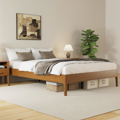 15 Inch High Full Size Solid Dry Bamboo Wood Platform Bed Frame, with Wood Slat Metal Support, Modern & Minimalist Style, No Box Spring Needed, Easy Assembly, Brown