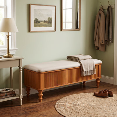 Repose-pieds polyvalent de 50,8 pouces avec siège de rangement - siège en bois d'hévéa massif avec siège revêtu de lin - siège de rangement idéal pour la chambre à coucher; Unité de rangement pour chaussures de vestibule idéale pour chambre à coucher; Espace de vie; Foyer Zone de garde-robe; Naturel