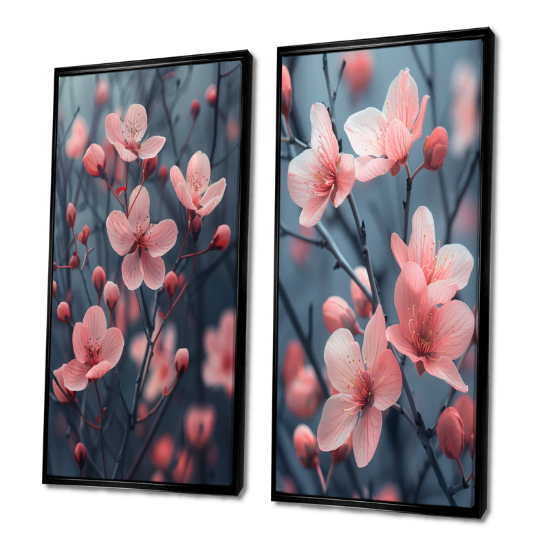 Ensemble de 2 pièces de fleurs de cerisier monochromes gris et gris dans le vent III, Cadre flottant noir, H 28 po x l 24 po