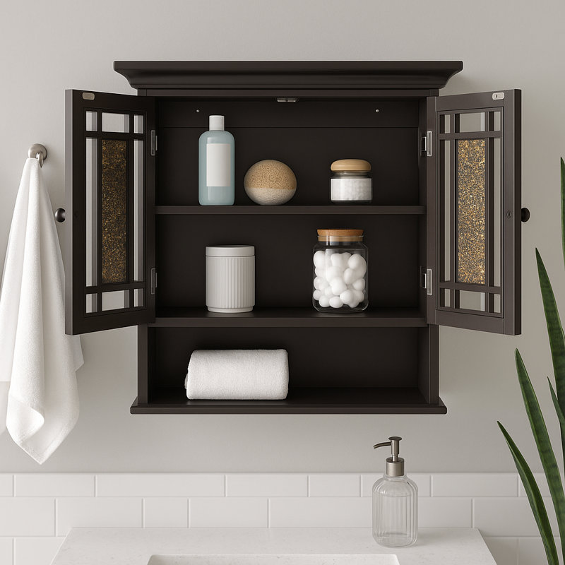 Caleb Removable Two-Door Wall Cabinet with Glass Mosaic Doors, Adjustable Shelf for Bathroom or Home Storage, Dark Espresso