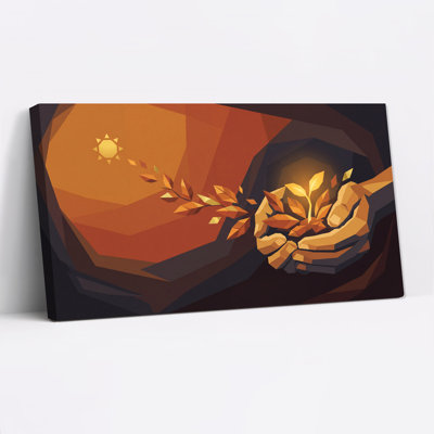 «Geometric Hands» tenant des feuilles dans un ciel orange, art mural sur toile