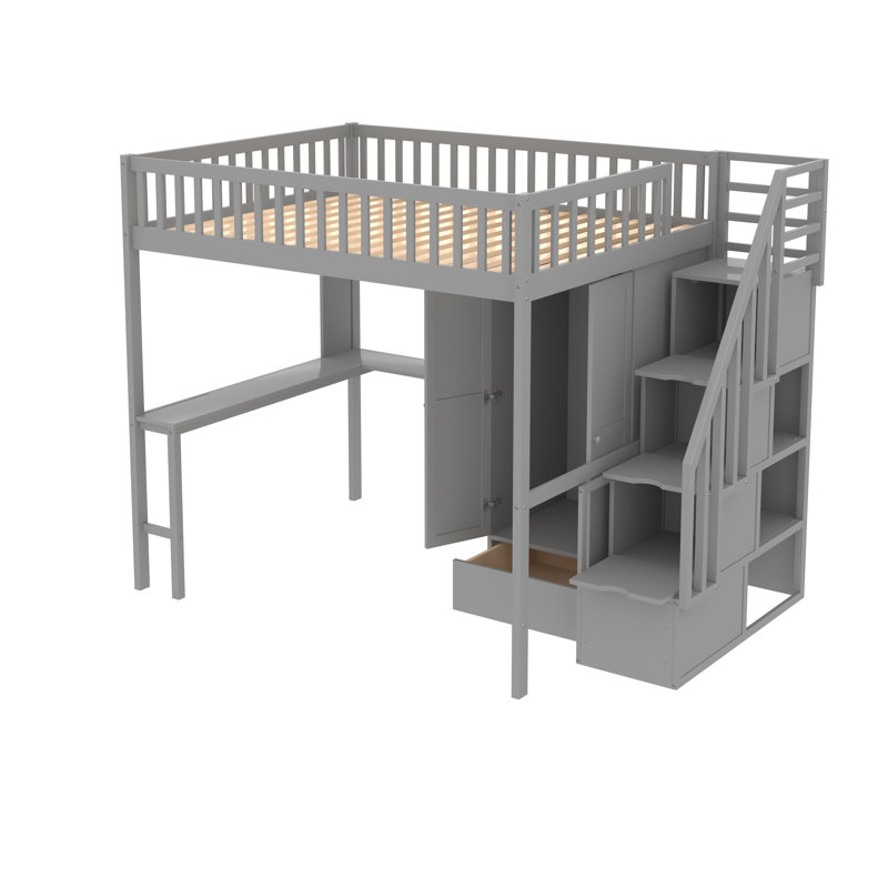 Gunjan Loft Bed with Bookshelf,Drawers,Desk,and Wardrobe, Gray, Full