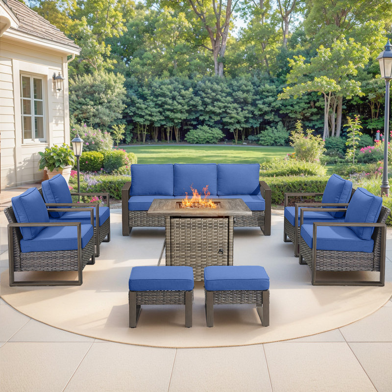 Palomares 8-Piece Outdoor Wicker Patio Square Fire Pit Conversation Set With 4 Armchairs And 2 Ottomans, Gray, Blue