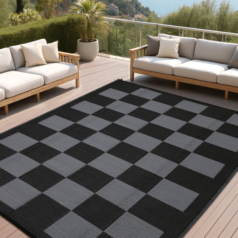 Outdoor Rug Waterproof Outdoor Plastic Straw Rug, Modern Checkered Reversible Floor Mat, Stain-Resistant Geometric Outside Carpet for Patio, RV
