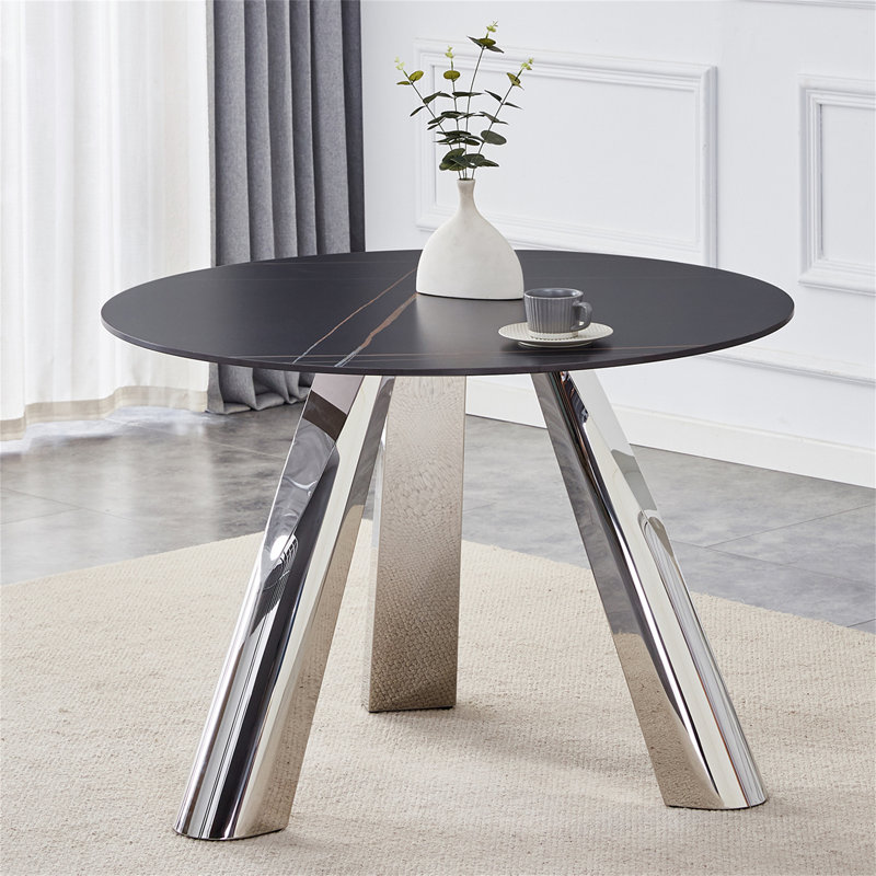 Table luxueuse en pierre frittée 42 po: plateau durable 0,45 po + pieds en acier 6 po, Noir, Argent argent