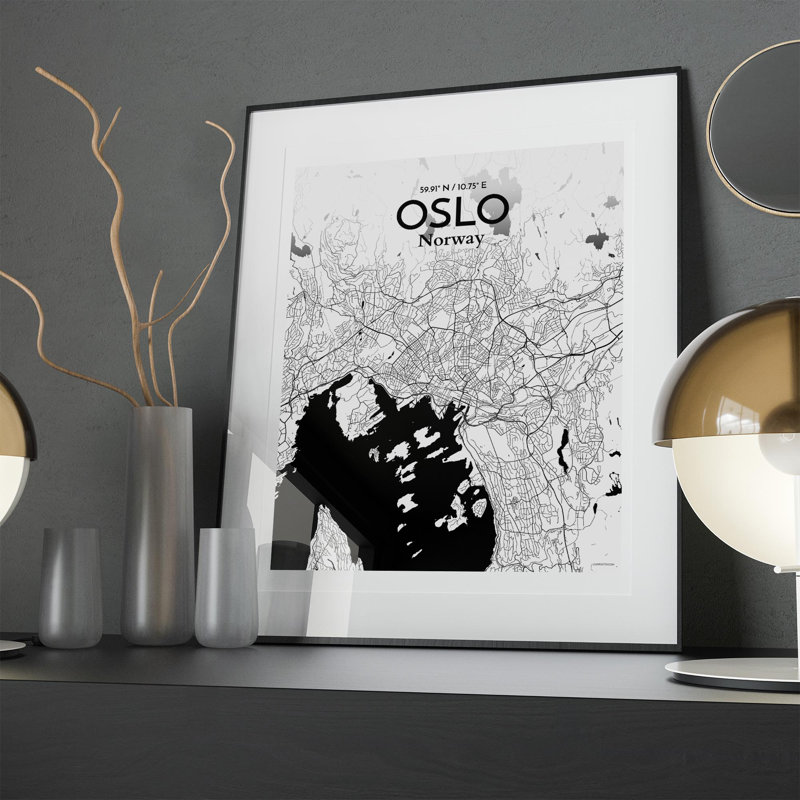 Oslo, carte de la ville, impression, Noir et blanc, H 20 po x l 16 po