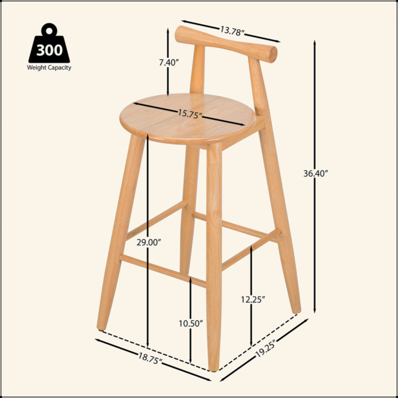 Tabouret de bar d'intérieur en bois d'hévéa, ensemble de 2