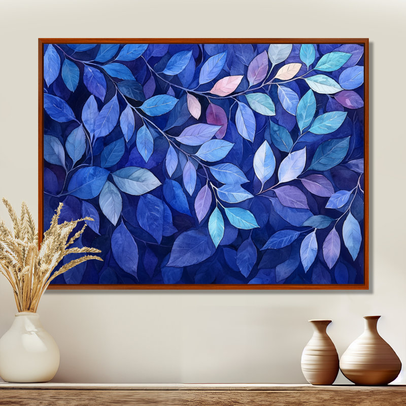 Indigo feuilles feuillage collage III - feuilles, art mural sur toile, H 12 po x l 20 po, Brun