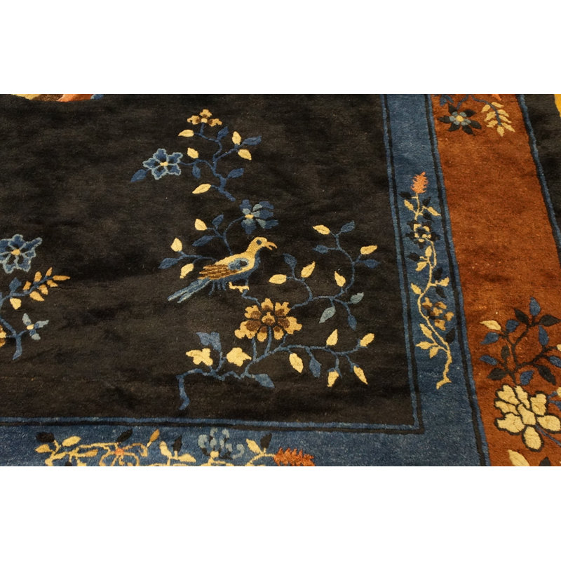 Soft Wool Pile Antique Blue Field Brown Border Chinese Peking Rug
